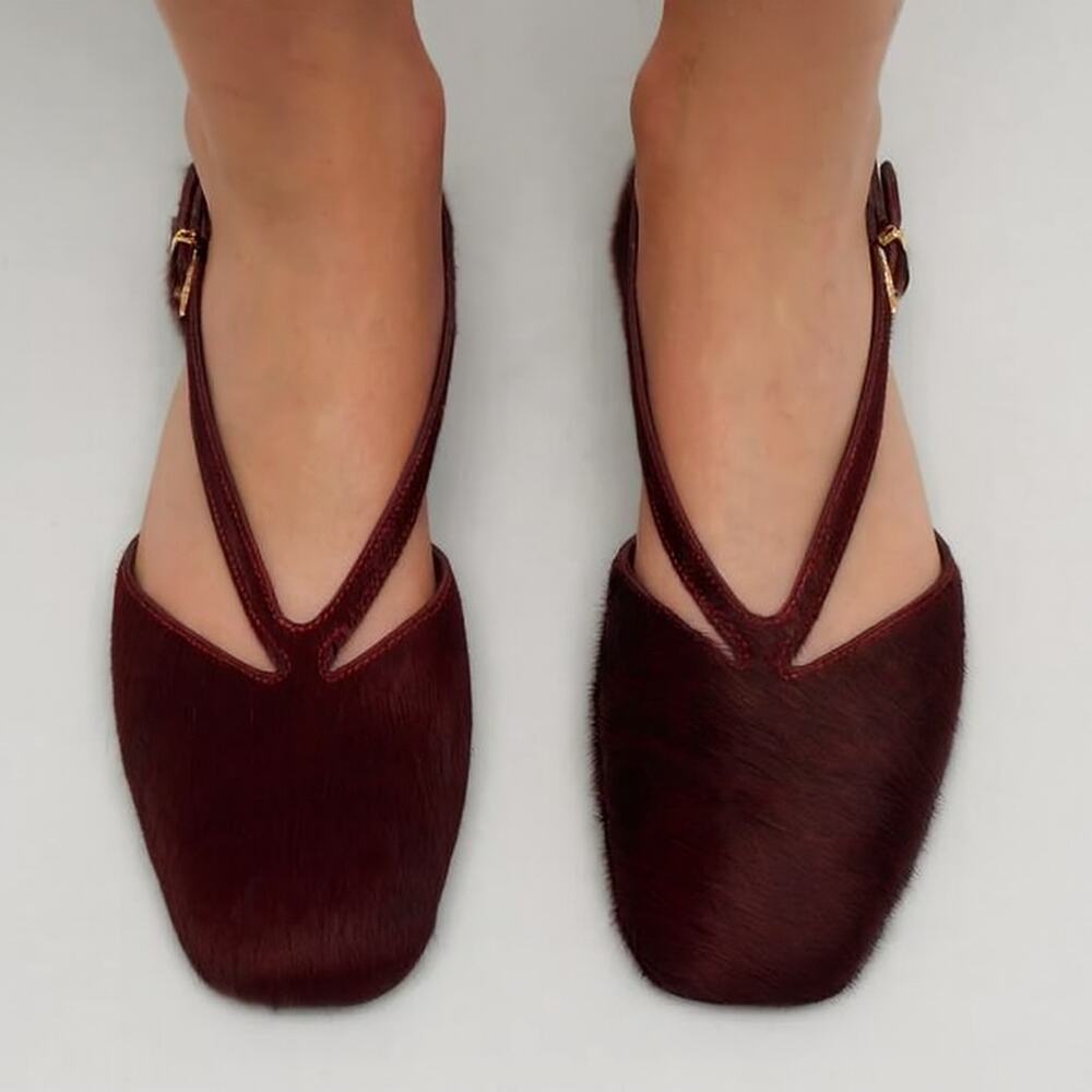 Zara NWT Burgundy Leather Double Strap Mary Jane Flats 8